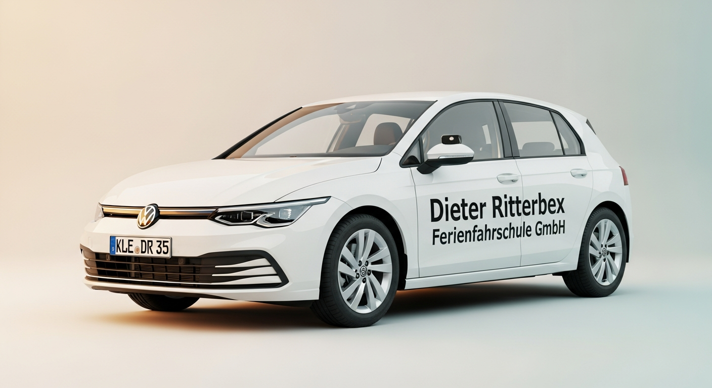 AI_IMAGE: A white Volkswagen Golf 8 hatchback with black driving school lettering on the side reading 'Dieter Ritterbex Ferienfahrschule GmbH', German license plate KLE-DR 35, shown from a front three-quarter angle. The car is isolated on a clean, softly lit neutral background with warm off-white and very faint teal ambient light, emphasizing the clean white bodywork and modern design of the vehicle. Professional automotive photography style with soft shadows beneath the car. | photorealistic | landscape
