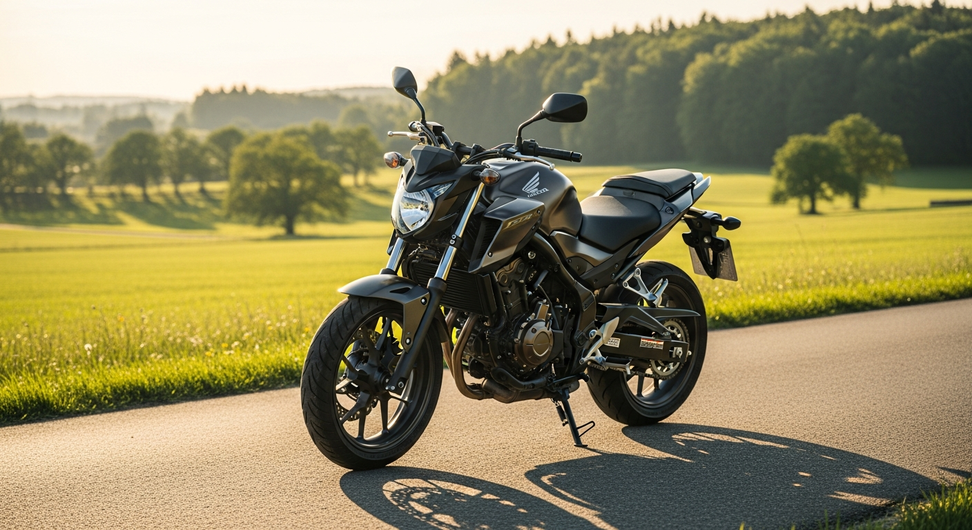 AI_IMAGE: A sleek modern motorcycle (Honda CB500F or similar A2-class bike) in dark metallic color, parked on a scenic German country road with green fields and trees in the background. The motorcycle is shown from a three-quarter front angle, with warm golden hour sunlight creating long shadows. Clean editorial automotive photography style with a sense of freedom and adventure. | photorealistic | landscape