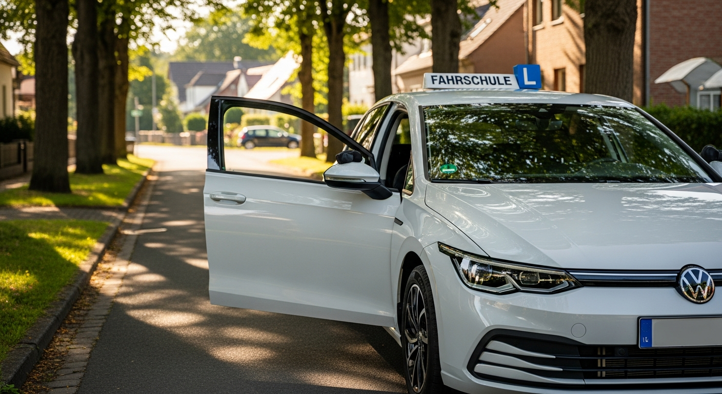AI_IMAGE: A modern white Volkswagen Golf 8 with driving school dual-control pedals visible through the open passenger door, parked on a quiet tree-lined residential street in a German small town. Warm afternoon light, clean composition, professional automotive photography with shallow depth of field. The car has a subtle L-plate sign on the roof. | photorealistic | landscape