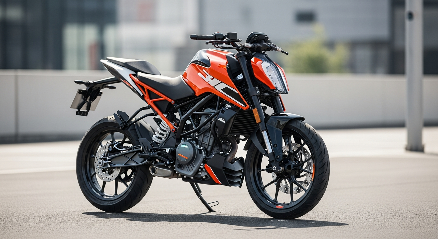 AI_IMAGE: A compact sporty 125cc motorcycle in vibrant orange color, such as a KTM 125 Duke, parked on a clean asphalt surface with a blurred modern urban background. Bright natural daylight, the motorcycle is shown from a front three-quarter angle highlighting its lightweight sporty design. No text or logos visible on the background. Professional automotive product photography with shallow depth of field. | photorealistic | landscape