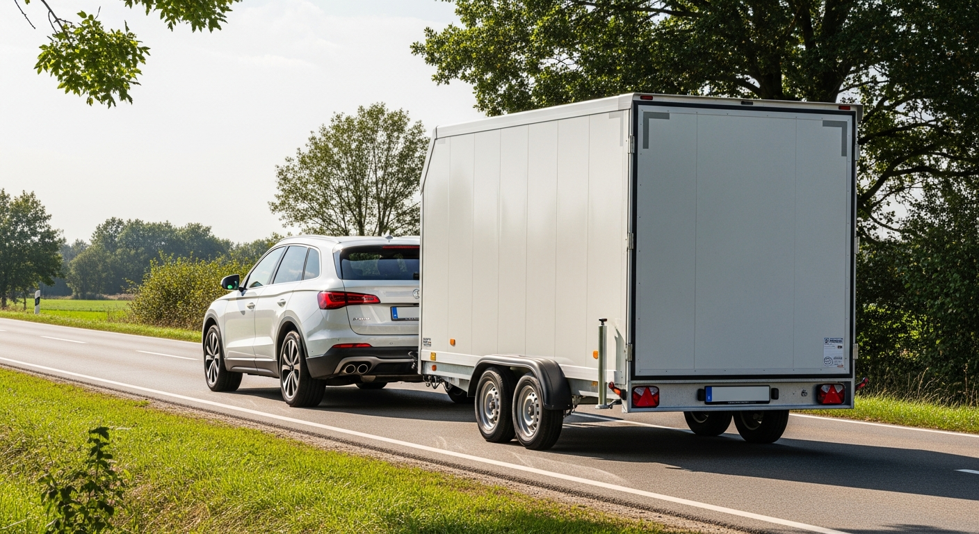 AI_IMAGE: A modern white SUV driving on a scenic German country road, towing a large enclosed cargo trailer behind it. The trailer is properly hitched to the rear of the vehicle. The combination is shown from a rear three-quarter angle with the SUV in front and the trailer following behind. Soft afternoon light, green countryside landscape with trees lining the road. Professional automotive photography style. | photorealistic | landscape