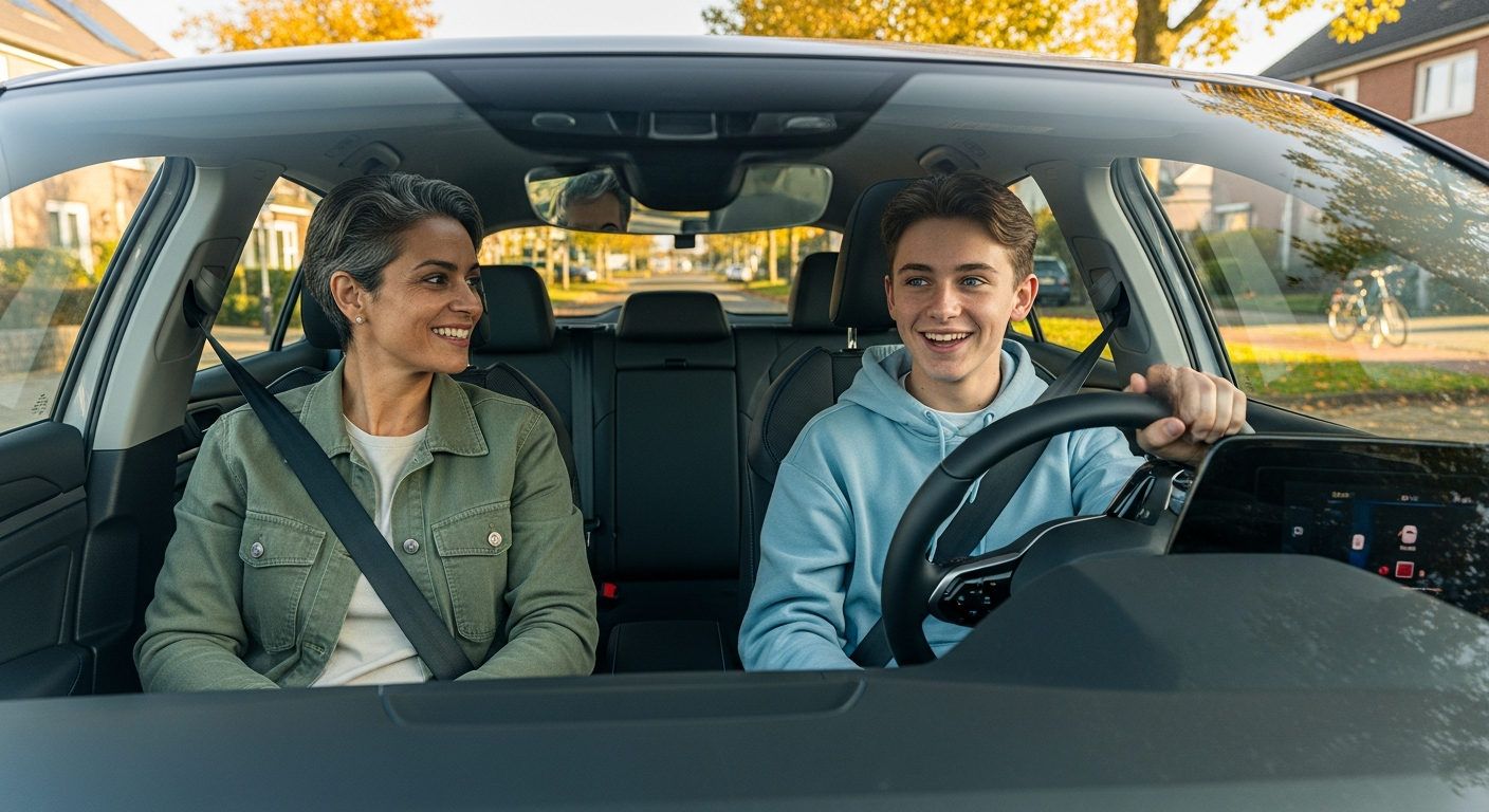 AI_IMAGE: A happy young German teenager (17 years old) sitting in the driver seat of a modern car with a parent in the passenger seat smiling, both wearing seatbelts. The car interior is clean and modern, viewed from a slightly elevated angle through the windshield. Soft natural daylight, suburban German setting visible through the windows. Warm, encouraging atmosphere. | photorealistic | landscape